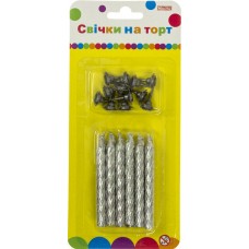 Набір свічок в торт "Jumbo" 8см 12шт срібні з блискітками з 12 підставками№MX620178S/Maxi/