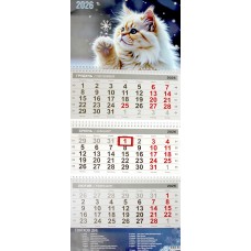 Календар кварт. настін.  Кіт зі сніжинкою 2026 ,3 пружини