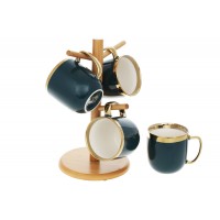 Набір чашок керам. (4шт) 320мл "Золота лінія"на бамбуковій підставці,темно-зелений№905-233