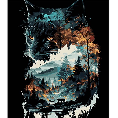 Картини по номерах "Кішка в подвійній експозиції" 40х50см на чорному фоні №AH1128/Strateg/