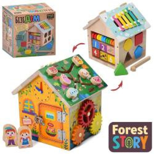 Іграшка дерев'яна Бізікуб,будиночок,ксилофон,шест.,сортер,в кор-ці,18х21х19см №MD1364(12)