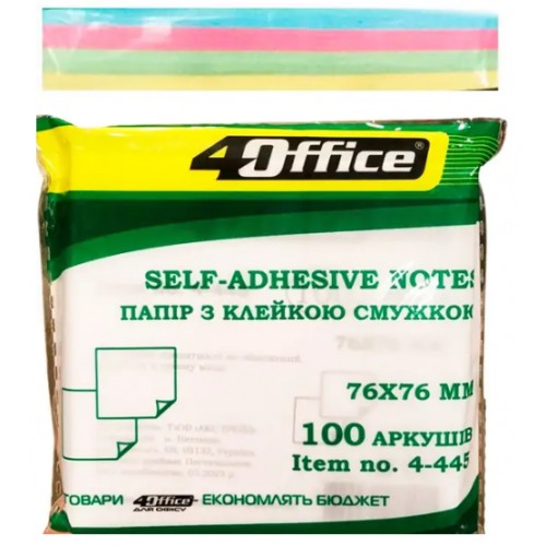Блок/зам. липк. краєм 76х76мм 100арк.,неон. асорті "4Office" №4-423-21N/5422(12)