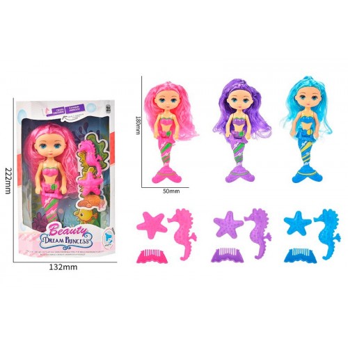 Лялька 18см,русалка,морські мешканці,гребінець,3 кольори,в кор-ці,13,5х22х5см №1802(144)