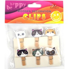 Прищіпки дерев'яні для декорування "Коти" 6шт, 35х6мм №200179/Мандарин/(1)(24)