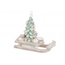 Фігурка-підвіска полістоун"Санки з ялинкою"7,5см,бежевий з м'ятним та рож.№K07-101/Bonadi/