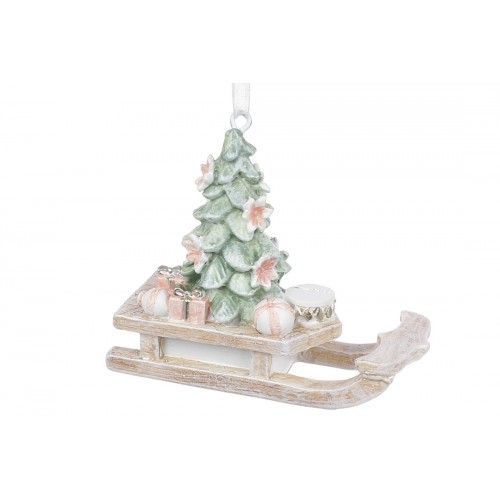 Фігурка-підвіска полістоун"Санки з ялинкою"7,5см,бежевий з м'ятним та рож.№K07-101/Bonadi/