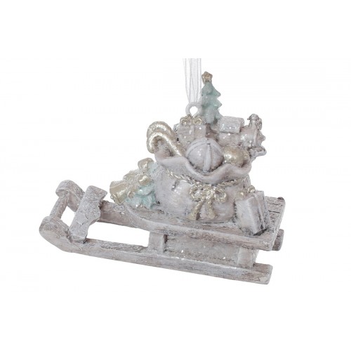 Фігурка-підвіска полістоун"Санки з подарунками"7,5см,сірий з шамп. і мятою№K07-198/Bonadi/