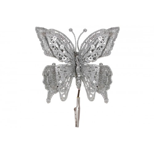Прикраса пласт. "Метелик" 17см на кліпсі срібний глітер №839-523/Bonadi/(12)(24)