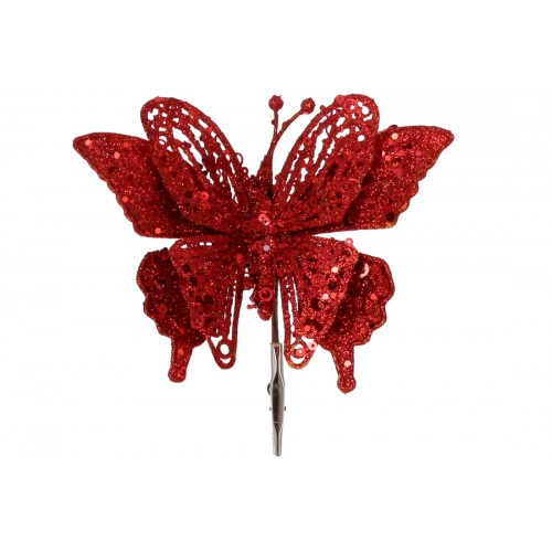 Прикраса пласт. "Метелик" 17см на кліпсі червоний глітер №839-525/Bonadi/(12)(24)