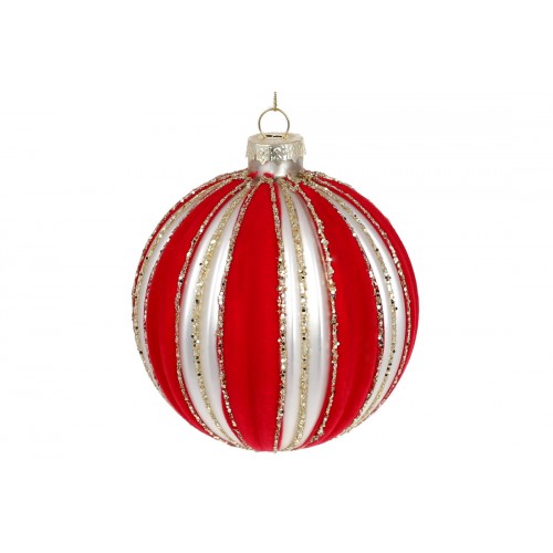 Куля скло 10см рельєфної форми,з декором з оксамиту,червоний з білим перлин№118-943/Bonadi