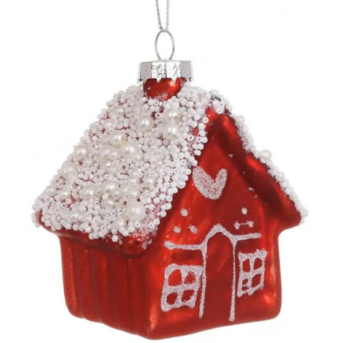 Прикраса скло "Будиночок" 10см,червоний з білим №115-120/Bonadi/