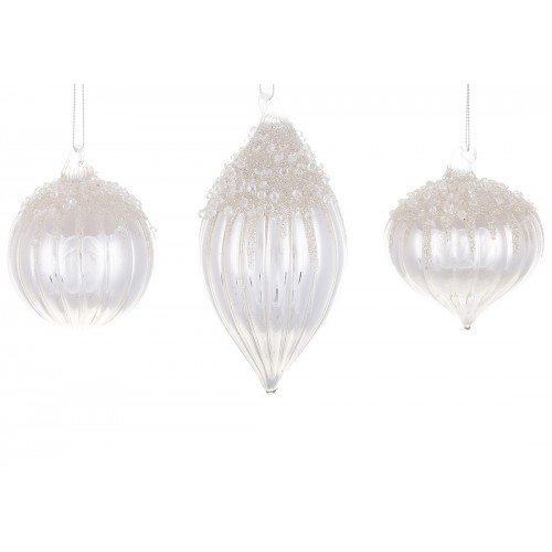 Прикраса скло "Куля,олива,цибуля" 8см з присипкою лід,3вида,срібло №108-234/Bonadi/