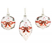 Прикраса скло "Куля,олива,цибуля" 8см,3вида,білий з червоним №108-180/Bonadi/