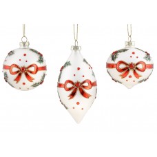 Прикраса скло "Куля,олива,цибуля" 8см,3вида,білий з червоним №108-180/Bonadi/