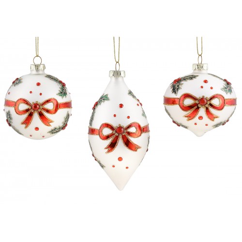 Прикраса скло "Куля,олива,цибуля" 8см,3вида,білий з червоним №108-180/Bonadi/
