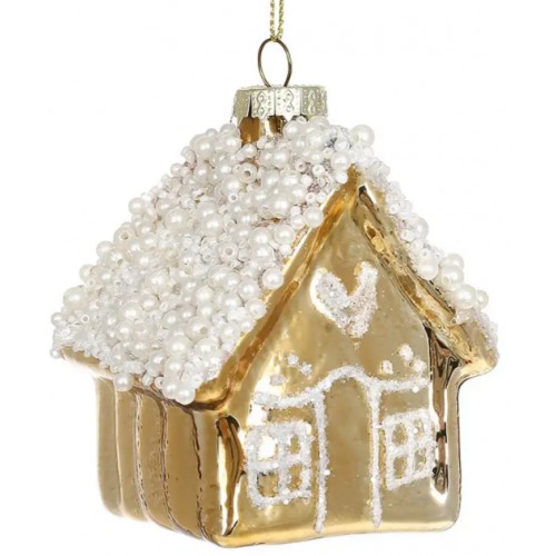 Прикраса скло "Будиночок" 7х10см,золото з білим №115-237/Bonadi/