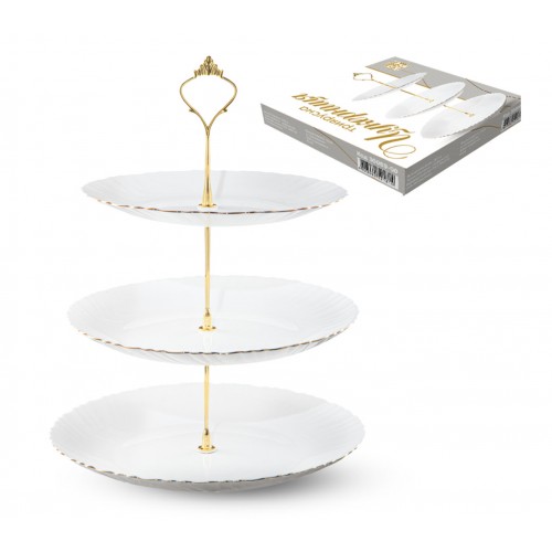 Цукерниця керам. 3-х ярусна золотий кант, біла 10',9',8' №30089-00/S&T/(6)