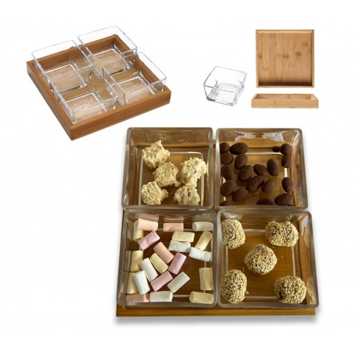 Набір ємностей скло для снеків на дерев. підставці 22х22см 270мл №7090/S&T/(12)