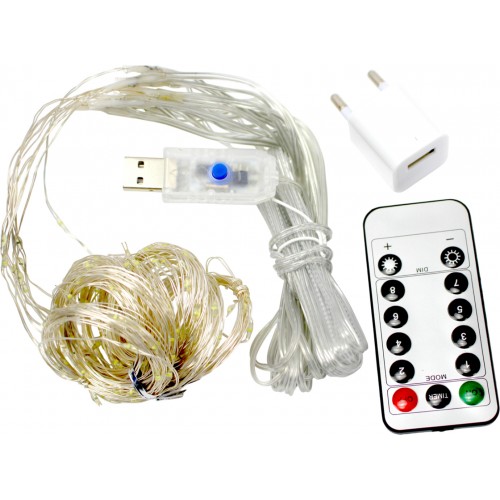 Гірлянда-штора електрич. Роса 200LED USB адаптер,пульт ДК,10ліній білий L-3м H-2м№1938-03u
