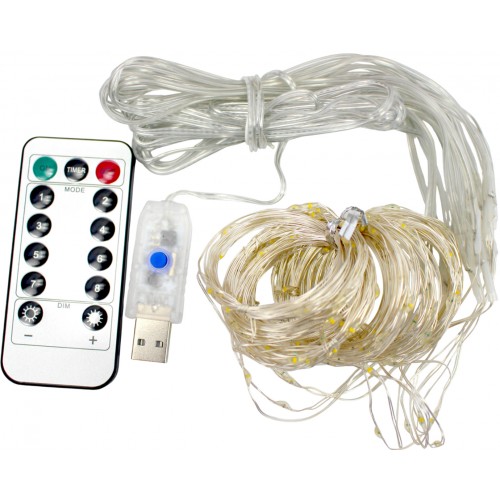 Гірлянда-штора електрич.Роса200LED USB адапт.,пультДК,10лін.білий теплийL-3м H-2м№1938-07u