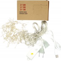 Гірлянда-штора Роса-мішура200LED USB,реле 8 реж.,10ліній білий теплийL-3м H-0,6м№1945-07