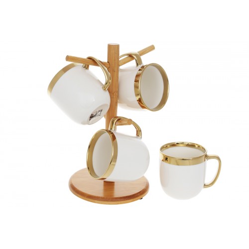 Набір чашок керам. (4шт) 320мл "Золота лінія" на бамбуковій підставці,білий№905-229/Bonadi