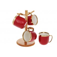 Набір чашок керам. (4шт) 320мл "Золота лінія" на бамбуковій підставці,бордо№905-235/Bonadi