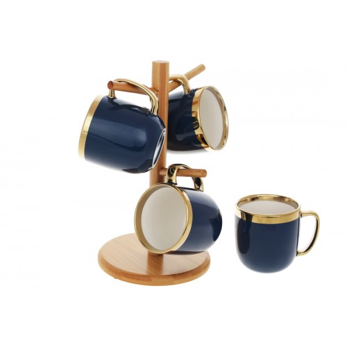 Набір чашок керам. (4шт) 320мл "Золота лінія" на бамбуковій підставці,темно-синій №905-234
