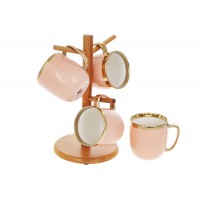 Набір чашок керам. (4шт) 320мл "Золота лінія" на бамбуковій підставці,пудровий №905-231