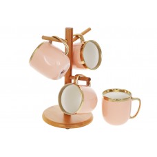 Набір чашок керам. (4шт) 320мл "Золота лінія" на бамбуковій підставці,пудровий №905-231