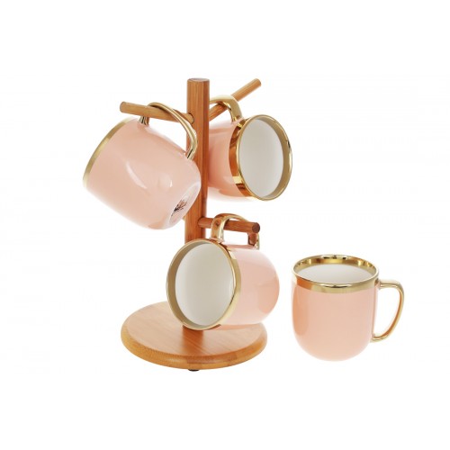 Набір чашок керам. (4шт) 320мл "Золота лінія" на бамбуковій підставці,пудровий №905-231