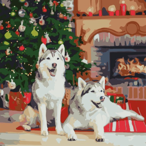 Картини по номерах "Хаскі біля каміну" 40х40см №FF-1004/Strateg/