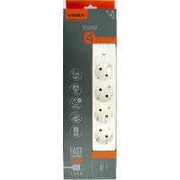 Подовжувач мережевий "Videx" 4гнізда 3м+зазем. 3.4А USB+ USB-C 16А white