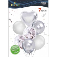 Набір кульок повітр. латексних 12"/30см "Серце,срібний мікс з хромом" 7шт №837301/Pelican/