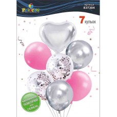 Набір кульок повітр. латексних 12"/30см "Серце,срібний мікс з рожевим" 7шт №837304/Pelican