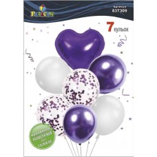 Набір кульок повітр. латексних 12"/30см "Серце,фіолет.-білий з хромом" 7шт №837309/Pelican