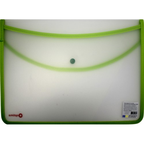 Папка-конверт "Optima" №O35259 А4 на кнопці салатовий кант, прозора(1)(30)