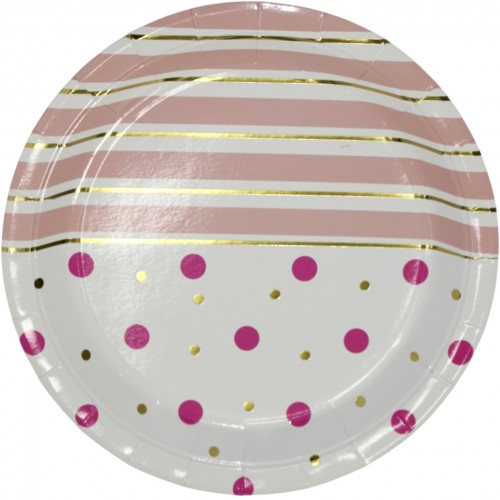 Тарілка паперова, d-230мм,золото рожеві полоси горох(10)