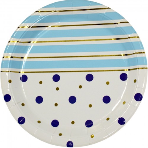 Тарілка паперова, d-230мм,золото блакитні полоси горох(10)