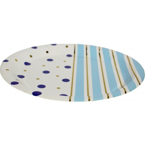 Тарілка паперова, d-230мм,золото блакитні полоси горох(10)