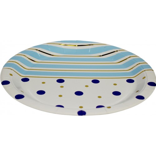 Тарілка паперова, d-230мм,золото блакитні полоси горох(10)