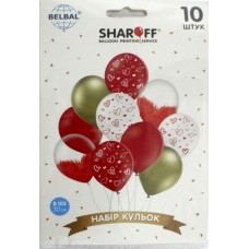 Набір кульок повітр. латексних 12"/30см "Серця" червоні,білі,золото 10шт/Sharoff/