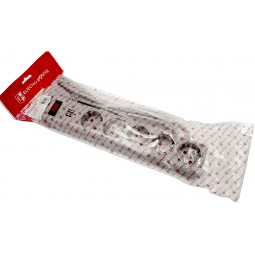 Мереж.фільтр"Electro House"5гнізд 3м+вимик.+зазем.2USB,захисні шторки сірий10A№EH-NFGU-5.3