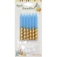  Свеча в торт 6 шт и 6 подсвечников голубовато-золотая (24) №1482