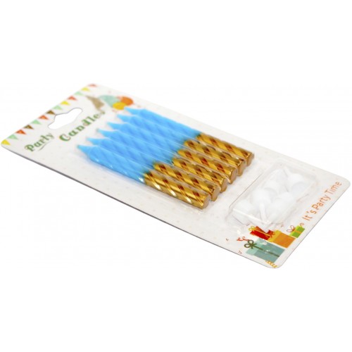  Свеча в торт 6 шт и 6 подсвечников голубовато-золотая (24) №1482