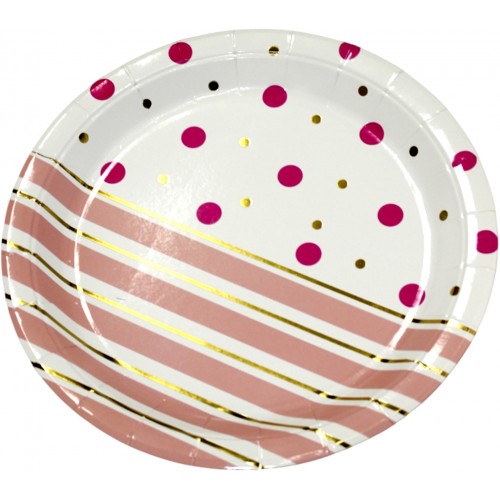 Тарілка паперова, d-230мм,золото рожеві полоси горох(10)