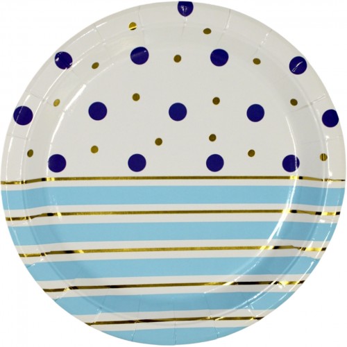 Тарілка паперова, d-230мм,золото блакитні полоси горох(10)