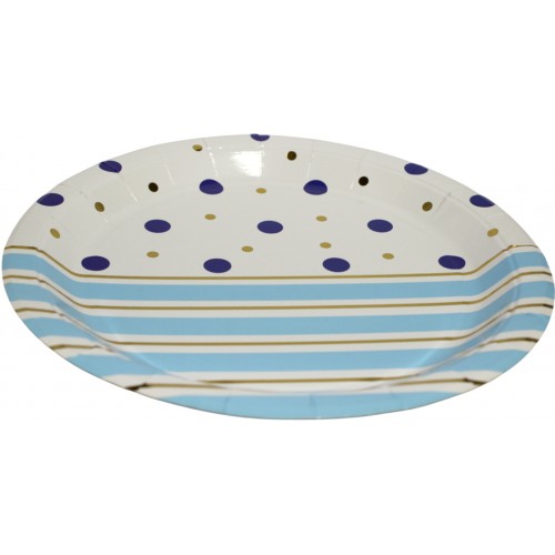 Тарілка паперова, d-230мм,золото блакитні полоси горох(10)