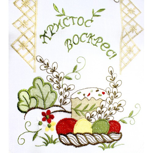 Великодня серветка "Христос Воскрес,паска з крашанками і котиками" овальн. 62х44см №80510