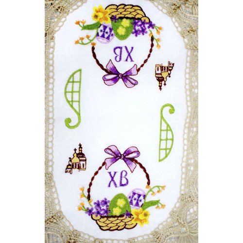 Великодня серветка "Крашанки в кошику" овал. 48х31см кремовий обідок №0008